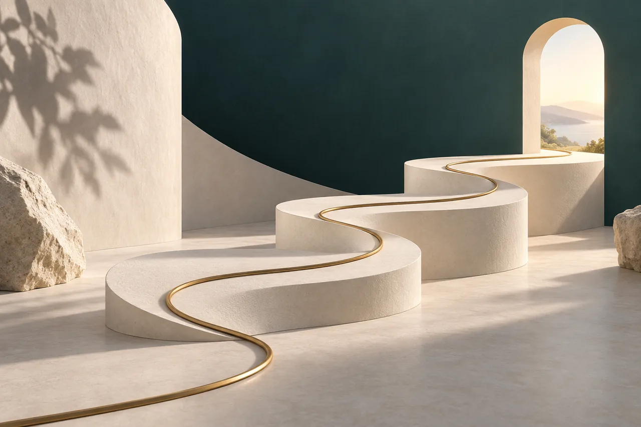 An illustration of a brass line running over three stepped platforms towards a lit archway.