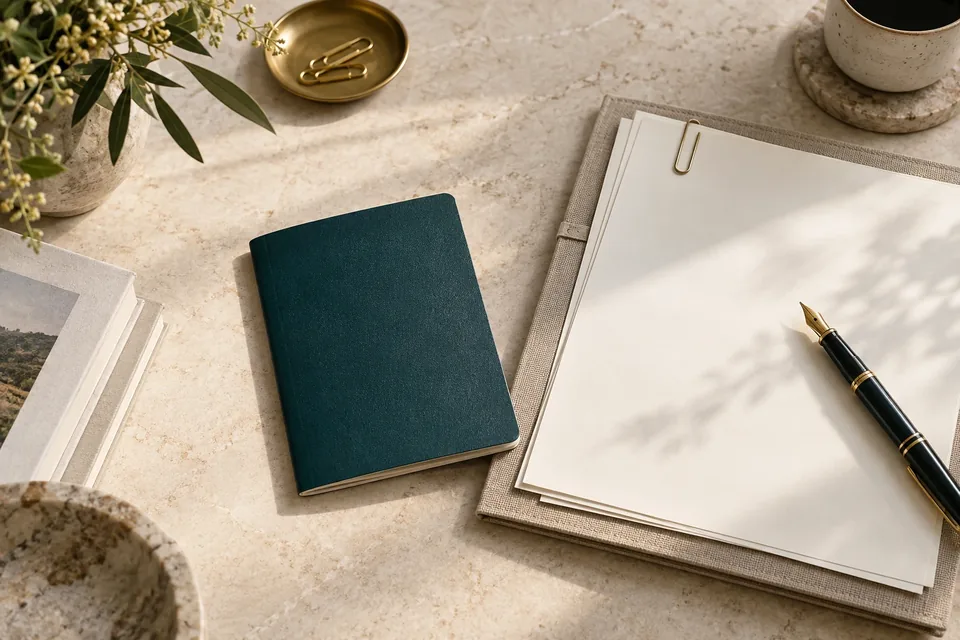 An illustration of a closed notebook, blank pages and a fountain pen on a desk.
