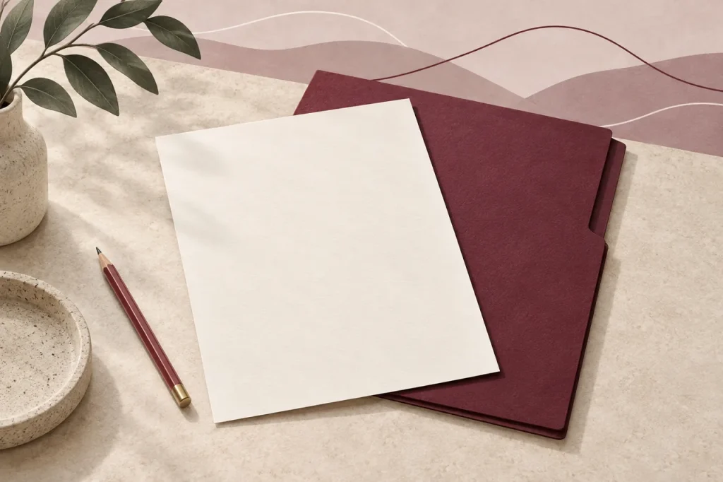 Editorial illustration of blank paper, a burgundy folder and a pencil on a pale desk.