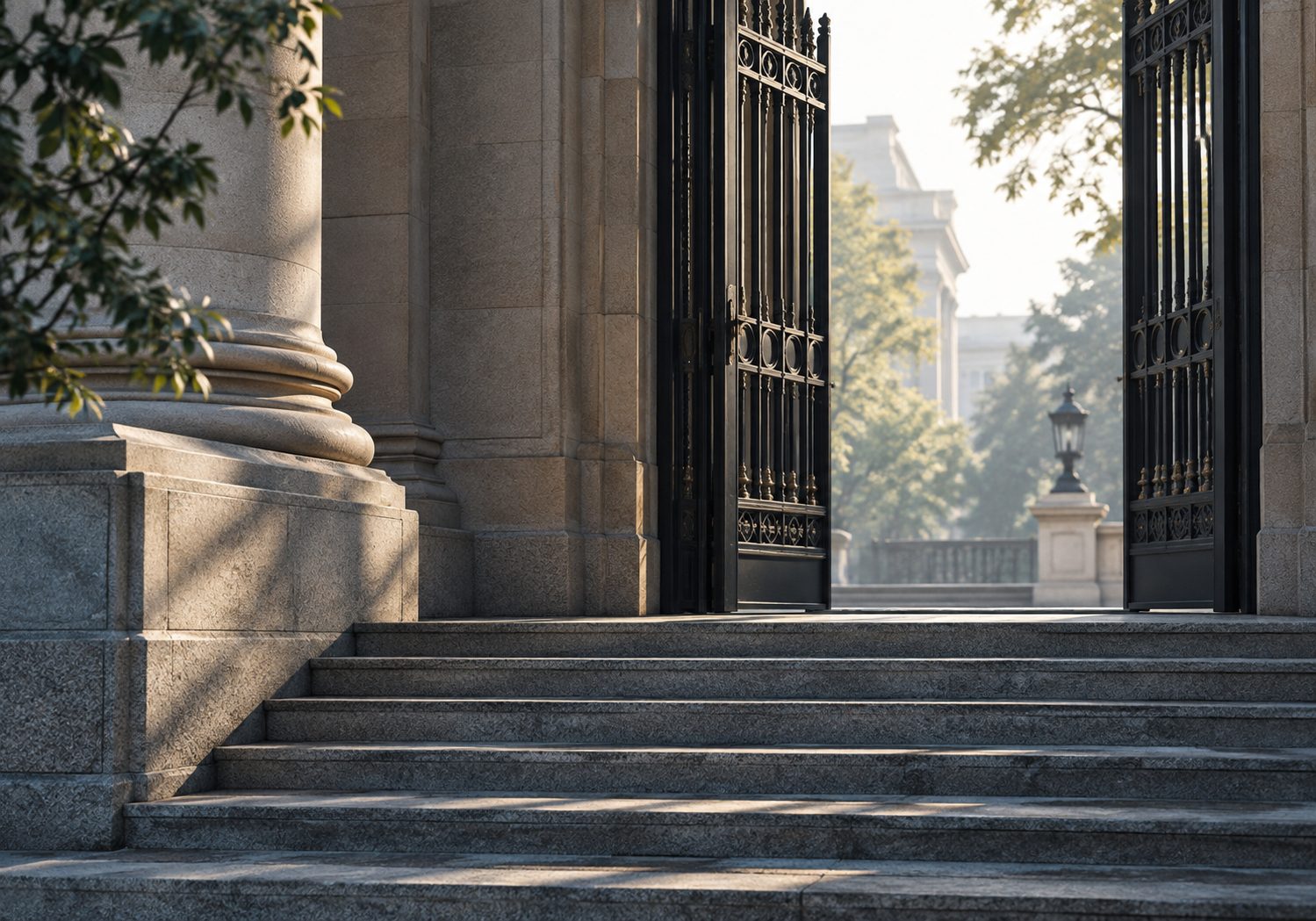 Illustration of a sandstone civic building entrance, with broad shallow steps and a half-open iron gate in daylight.